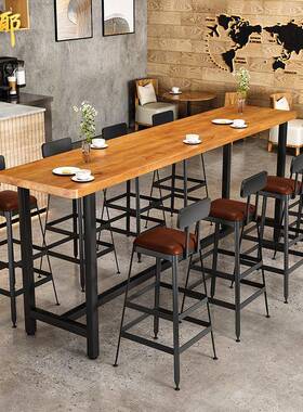 北欧铁艺实木长条桌酒吧奶高脚桌椅甜店品店茶靠台墙吧桌椅LQL组