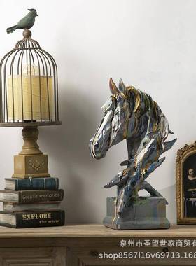 欧意艺炫彩大马术北泼创奢彩水转印马头摆件乔迁礼品轻客厅电视柜