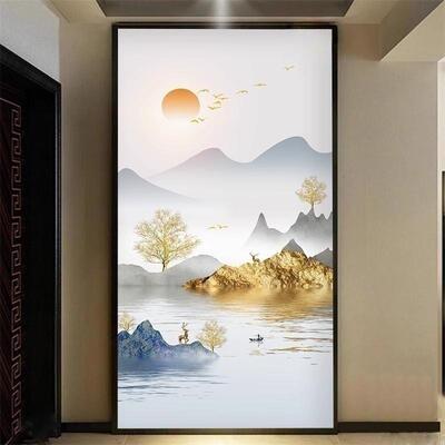 抽中式山水LPN过道走背景墙纸发财树麋鹿入廊户玄关墙布象装壁饰