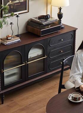 法式实木餐柜厅客中古收纳水酒柜家用餐厅复古茶靠墙储91222物橱