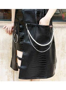 PU围裙水防油防污黑色美时尚潮珍流VVI珠链条女士定制欧log防o