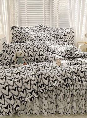 韩版全棉床笠式床裙二花合一套全四件套棉纯边被套床上4OUS件套