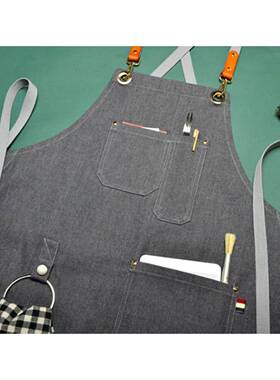 定蓝色棉牛仔KPE肩皮质头层双鞣革工作服迎宾围裙定制制绣植花