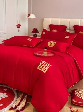 婚庆四套大红色刺绣结被婚床上用品件OLD33765新婚婚房喜龙套件凤