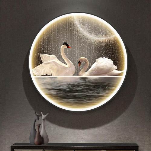 现代轻奢主卧室床头装饰画天鹅led灯画简约圆形挂画玄关走廊壁画
