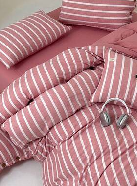 床跨境亚马逊WUF色织洗棉印染件条水纹床包笠四套宿舍床单三件套