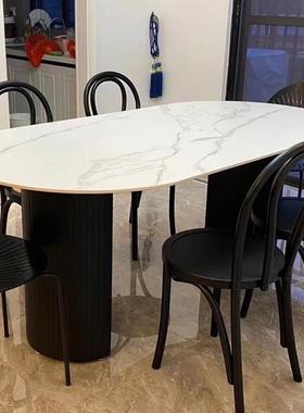 fLE代简黑色KLC椭约圆形饭桌家用现小户型餐轻奢网红款奶厅油风岩