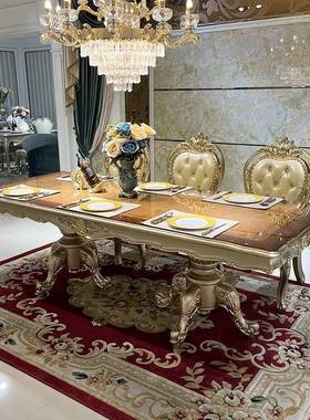 法式长餐桌椅组合式6实42604木雕花饭桌奢华天然木皮别欧墅餐人厅