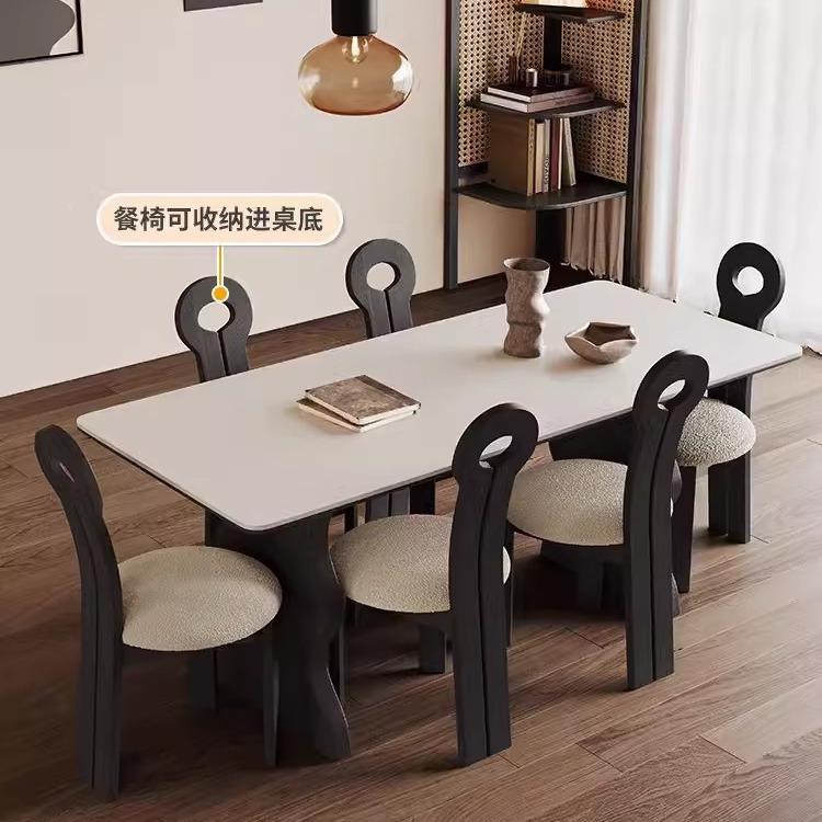 法式餐桌长方形现代户简约小型GY1020家用复古风进口白实蜡木岩板