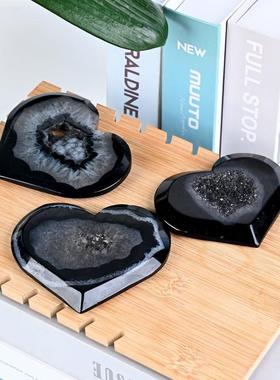 天然水心晶黑玛瑙晶洞爱心42426摆件原石打磨心形桃工居艺桌品家