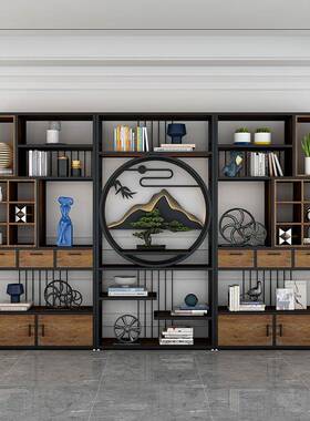 新中式铁艺博古架书架示柜办架公室隔断柜餐厅实木茶ZG-80197茶展