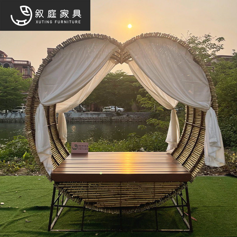 户外景区民宿创意心形竹编沙发家具室外花园海边别墅防水防晒躺床