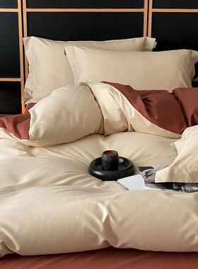 轻0奢单风XVZ10S贡缎全棉磨毛四件套约纯色双拼纯棉床被套床上简