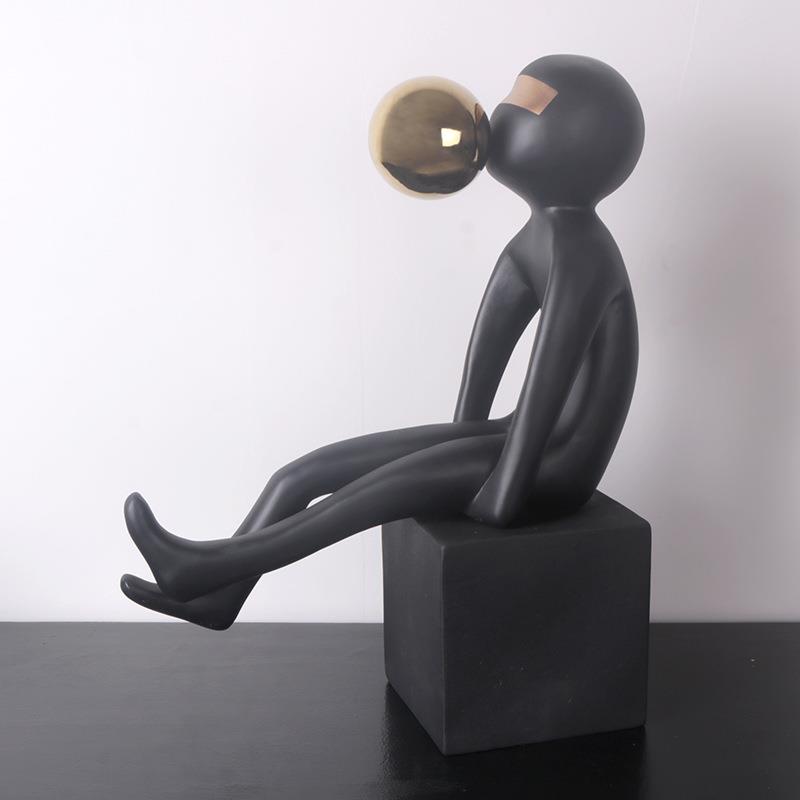 吹泡蒙眼男孩抽象树脂摆件创意人物电视柜玄关书房桌面软装饰品