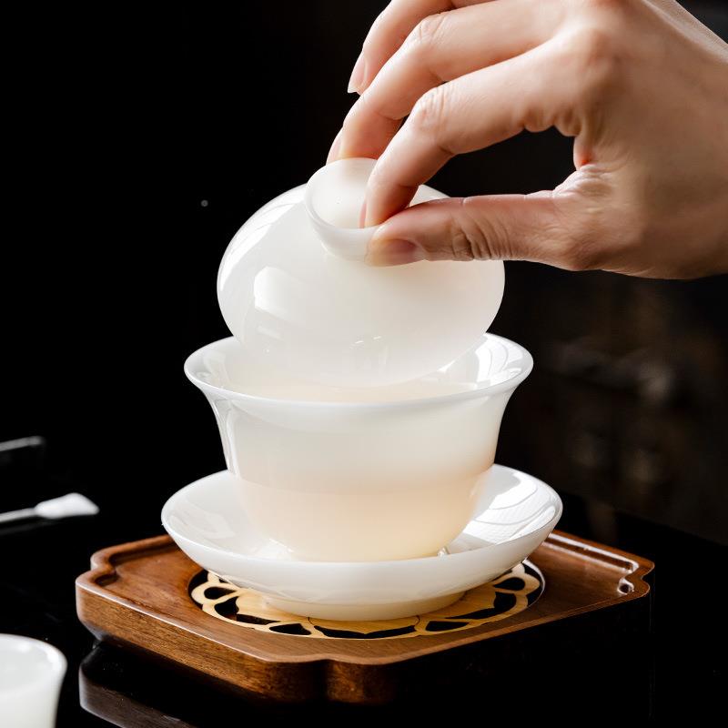 高岭玉土F768TT9H璞玉冰种德化白瓷盖碗单个家用三才茶碗防烫陶瓷