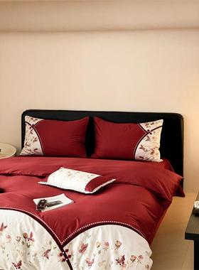 1喜00s贡缎件长绒棉红色庆婚四套绣花款床单嫁被套新IXC婚结婚床