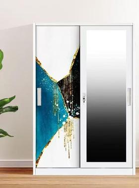 钢制印花衣柜家用推门艺收纳柜卧室铁拼拉装组MU-006合移储门柜铁