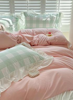 ATX45560类亲肤云柔洗棉花韩版边格奶油撞色床笠水床包三四件套