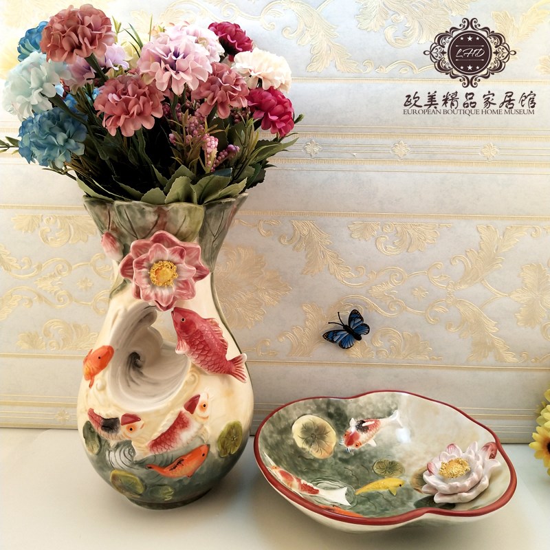 包邮纯手绘陶瓷鲤鱼大花瓶欧式家居摆设茶几电视柜摆件酒柜干花器