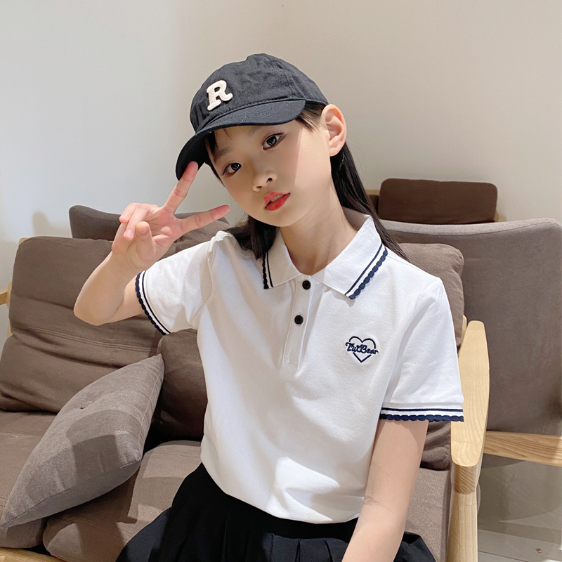 儿童POLO衫女童夏装短袖t恤纯棉童装学院风有领T恤衫上衣2023新款