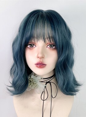 蓝色假发短发蛋卷头卷发y2k彩色lolita雾霾蓝法式蛋蛋卷女全头套