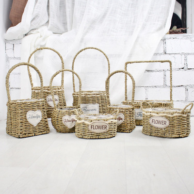 欧式创意手提花篮柳编草编藤编篮子插花手工编织蓝多肉小花盆