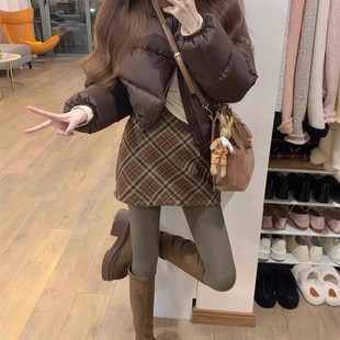 大码格子短裙女秋冬加厚毛呢复古包臀裙冬天小个子a字格纹半身裙