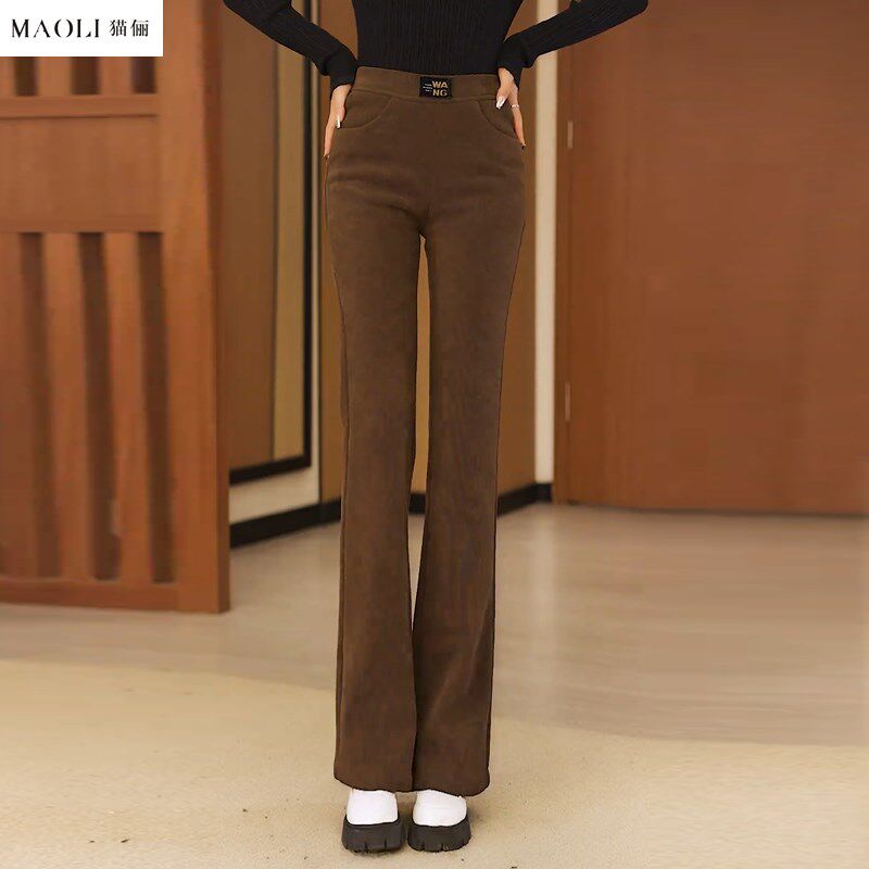 猫俪冬季加绒修身微喇裤2024加厚高腰大码直筒裤喇叭西裤百搭女裤