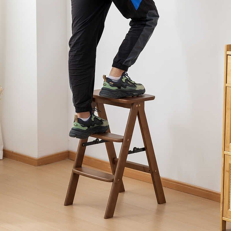 楠竹家用多功能折叠梯凳厨房吧台高板凳实木小椅子两用便携三步梯