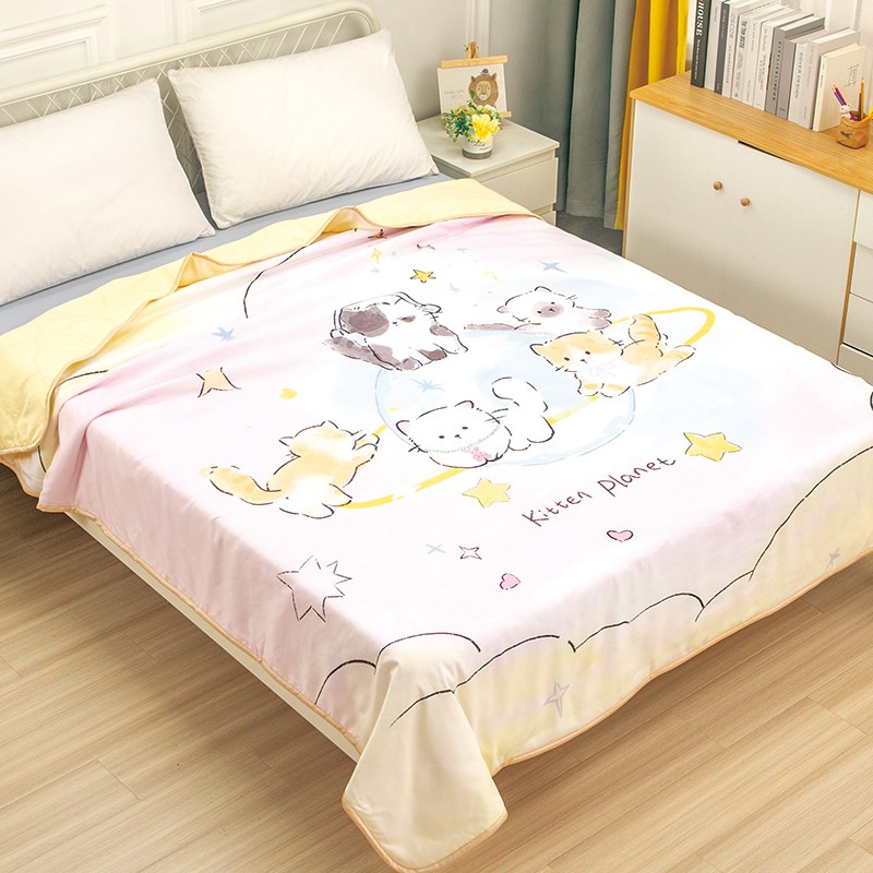 可爱猫咪儿童夏凉被春秋款单双人小薄被子水洗机洗折叠凉感空调被