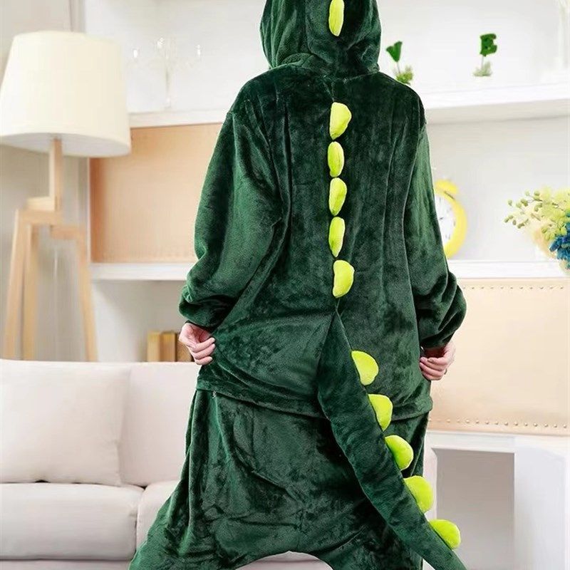 恐龙睡衣秋冬卡通连体法兰绒男士加厚家居服可爱动物女生珊瑚演出