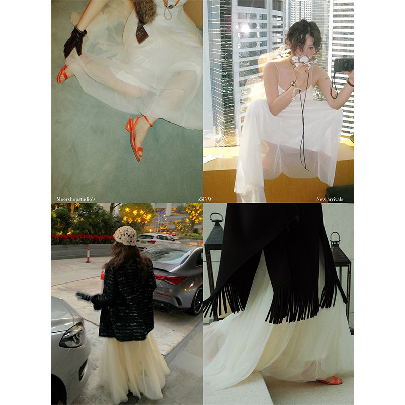 MOERSHOP 初恋白月光 白色柔纱吊带连衣裙女秋冬高级气质无袖长裙