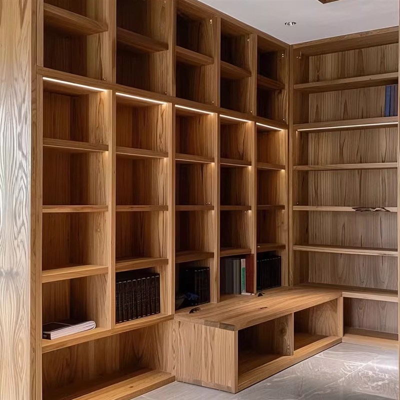 蜀木创艺满墙书架定制转角书桌柜子书架定制一连体实木学习办公桌