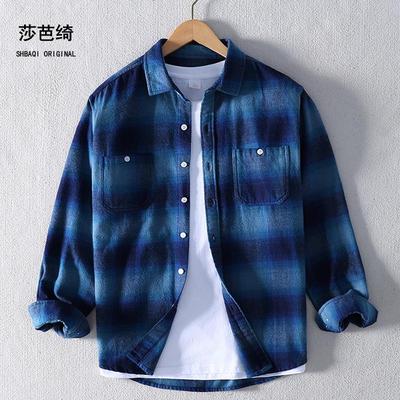 秋冬潮男装纯棉法兰绒蓝黑格子衬衫男宽松休闲红黑格长袖衬衣外套