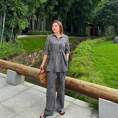 气场强大高级感大码套装女2024夏季款胖mm灰衬衫宽松阔腿裤两件套