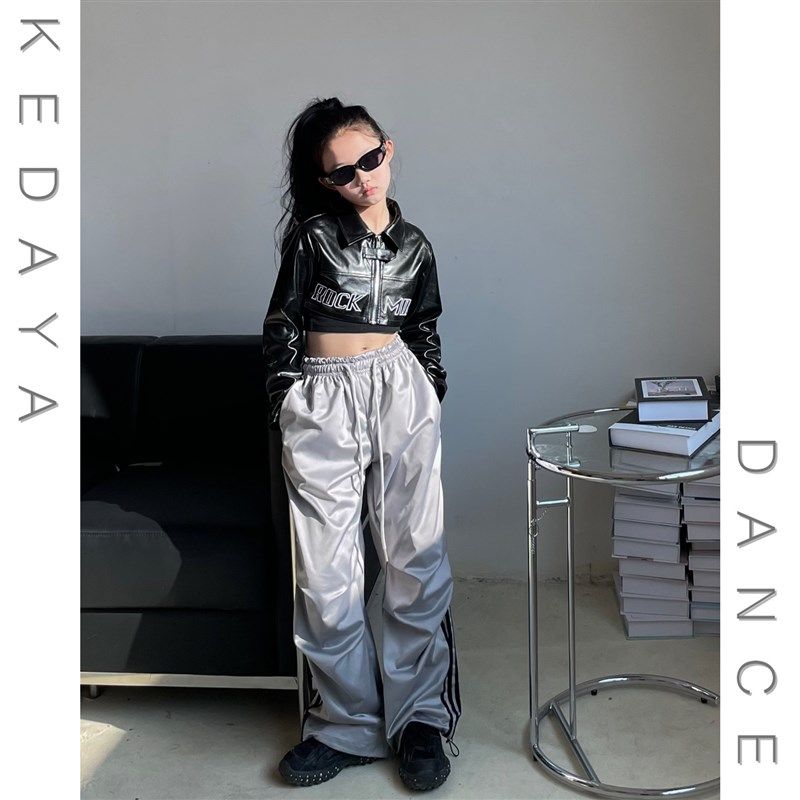 童装春季新款甜酷女童皮衣短外套银色裤子少儿爵士舞套装演出服