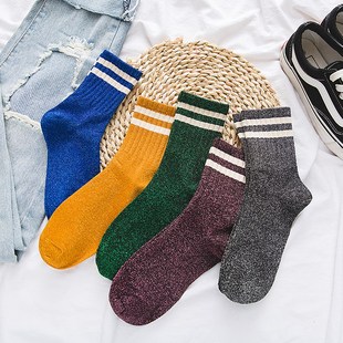 3双装亮丝袜韩国银葱亮闪闪袜子女金线银丝中筒袜金丝两条杠潮袜