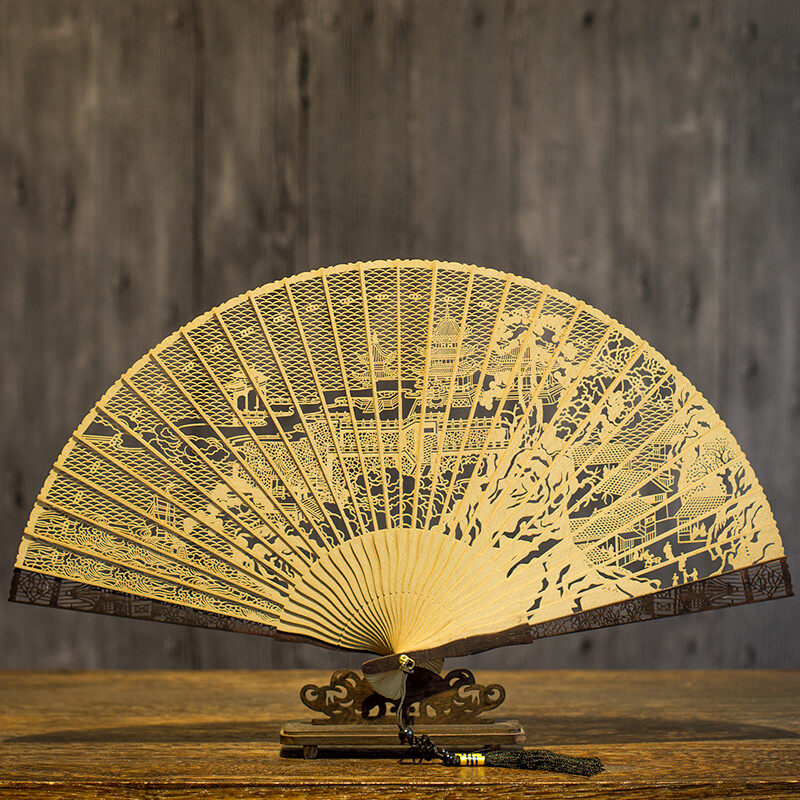 老阊门-苏州檀香扇-中国风扇子折扇中国风复古风缅香木镂空雕花扇