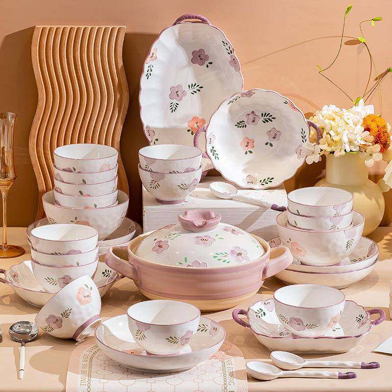 爱康陌可紫色小花新款碗碟套装家用Z1204礼品釉下彩高颜筷装值碗