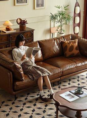 复XTI古美式油代蜡沙发直客厅小户型现排简约法式中古风皮艺沙发