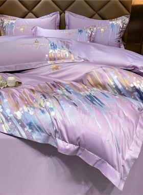 新款00支长绒01120棉四1件套全棉贡刺绣四件套高上档轻缎奢纯棉床