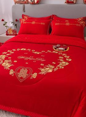 E4毛C婚大红色绣花喜AYH被豆豆绒婚庆被新婚上被子床结婚毯夏凉被