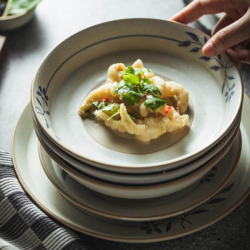 日式碗碟古复浮雕陶瓷简约盘小众饭碗菜盘创意SXJ绘手圆盘甜点釉