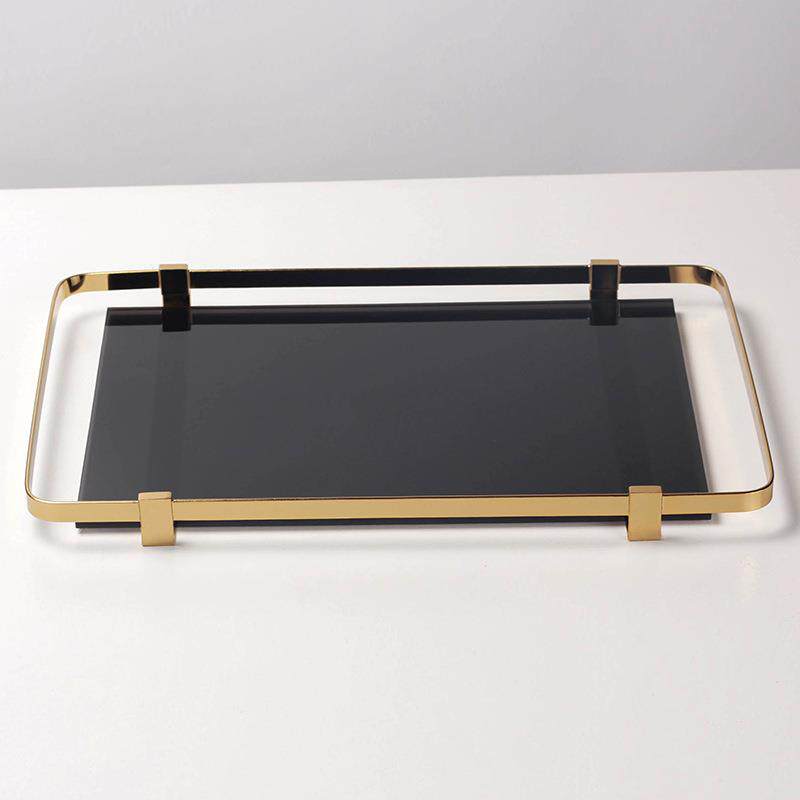 轻奢风长方形玻璃托盘样板房玄关摆件茶几饰品茶具饰品金属收纳盘