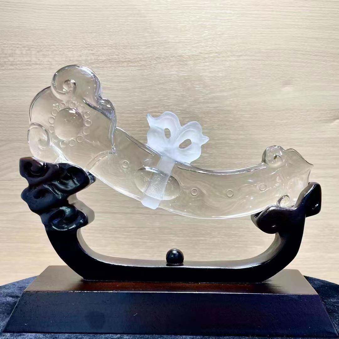 天然白水晶金发晶水晶如意元宝水晶发晶原石雕刻玉如意摆件