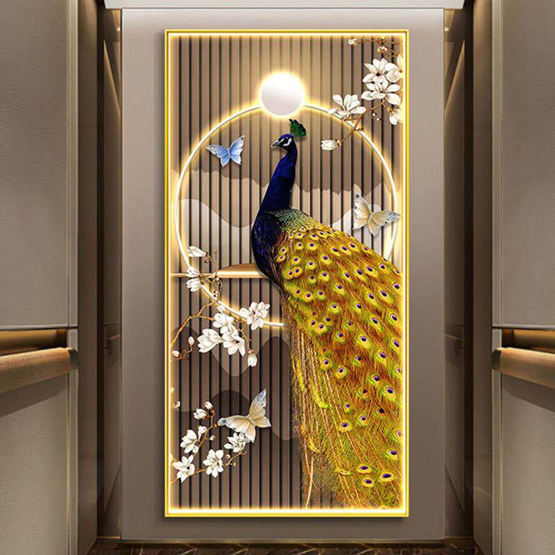 孔雀新中式玄关挂画正对门走廊尽头寓意好装饰画发光高档入户壁画