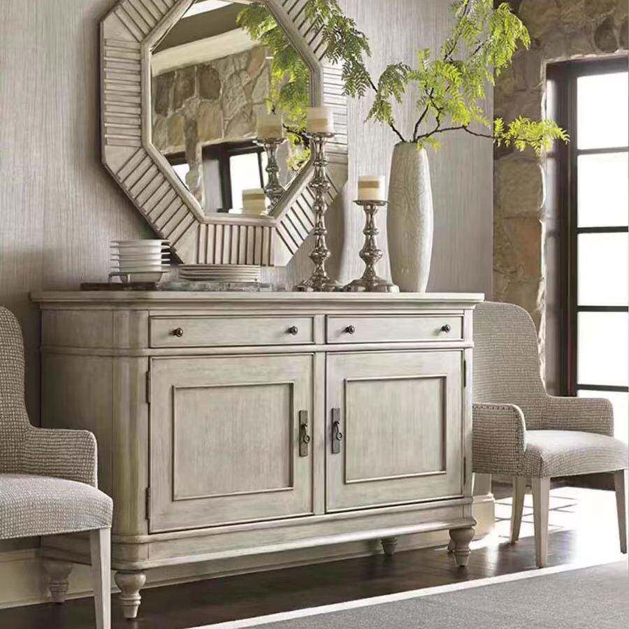 美式乡村实木做旧餐边柜复古轻奢小户型餐厅收纳柜法式白双门斗柜