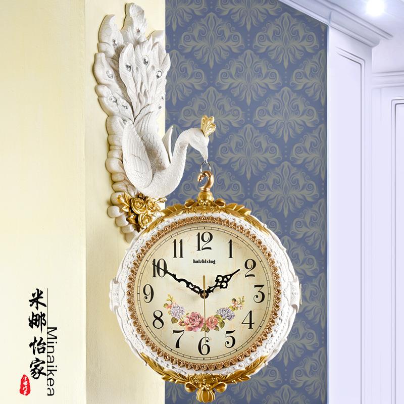 欧美复式古挂钟双面钟客厅表钟创意性个孔雀装饰静8820音挂表
