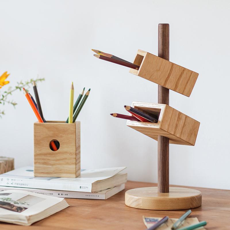实木斜插笔筒面多办功能笔创意公室桌装饰书房文具个985性架收纳