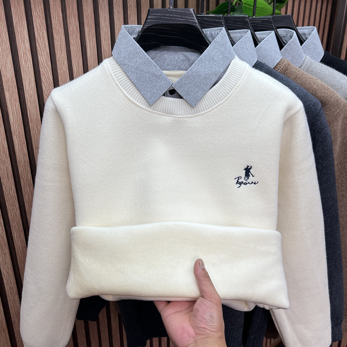 一体绒毛衣男士加绒加厚假两件衬衫领针织衫冬季保暖打底衫上衣服